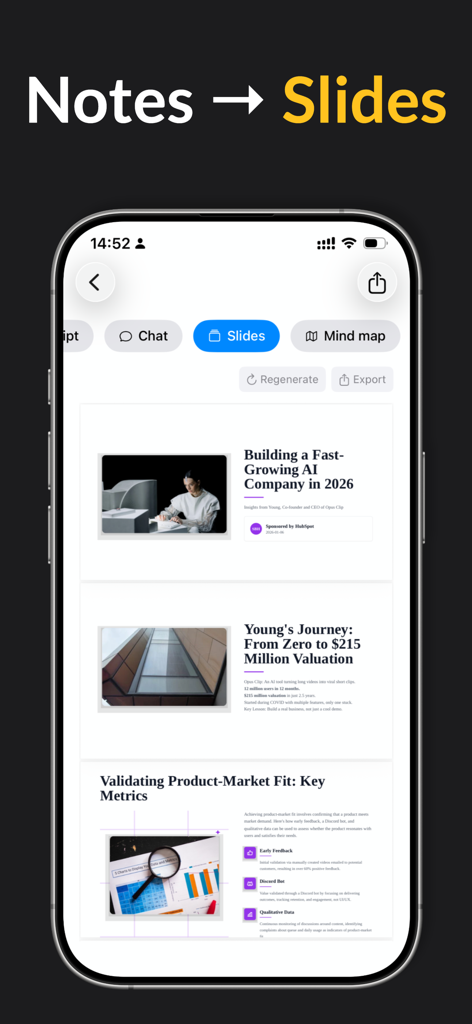 Fast Rekapアプリのインターフェース。会議議事録からAI生成されたプレゼンテーションスライドが表示されています。