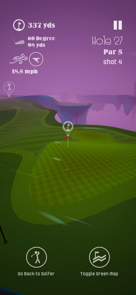 Stinger Golf gameplay showing the green heat map and wind speed indicators.