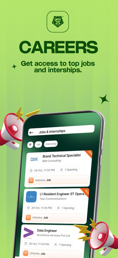 Under 25 - Under 25 app screenshot showing a list of available jobs and internships for college students
