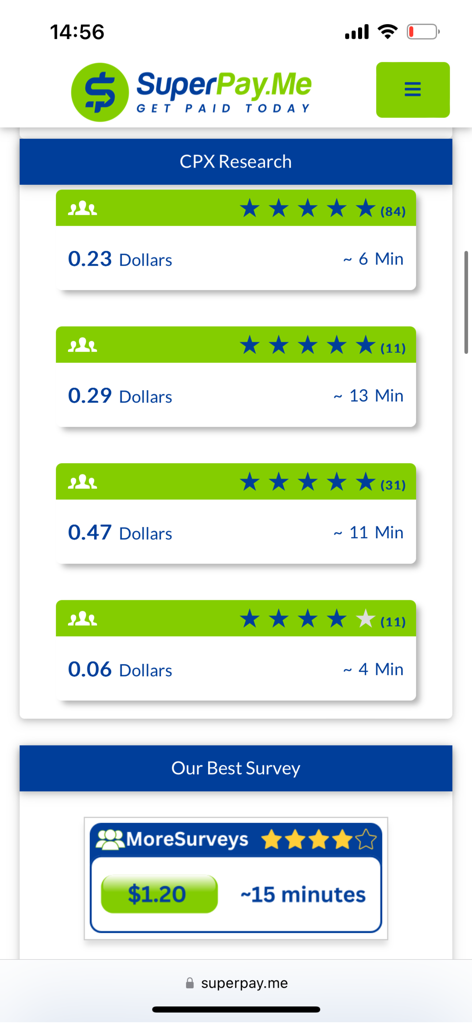 Interface of SuperPayMe app listing available surveys with dollar rewards and estimated completion times.