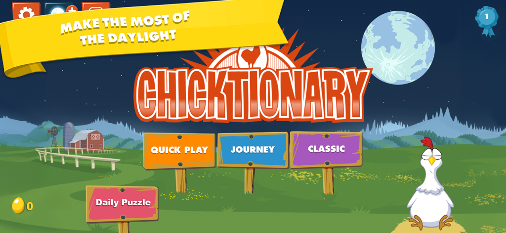 Chicktionary game main menu featuring a farm at night with options for Quick Play Journey and Classic modes
