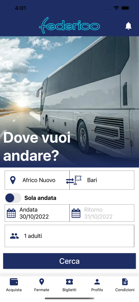 MyFederico - Search interface of the MyFederico app for booking bus travel in Italy.