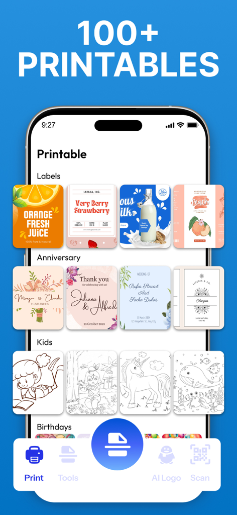 Smart Printer App for HP Smart - ラベル、記念日カード、子供の塗り絵など、100以上の印刷素材のライブラリを表示するスマートプリンターアプリのインターフェイス