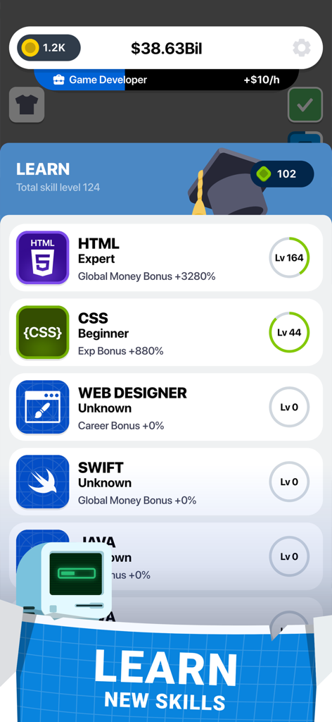Cyber Dude: Dev Tycoon - A game screen showing a list of programming and design skills to learn in Cyber Dude Dev Tycoon