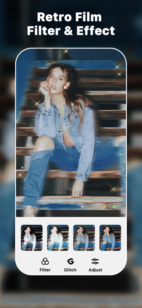 Polish AI Photo Editor app interface showing a retro film filter with vintage sparkle effects on a portrait