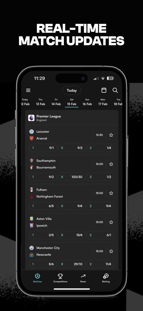 GOAL Live Scores - GOAL 라이브 스코어 앱이 아이폰에서 실시간 프리미어 리그 경기 일정과 베팅 배당률을 보여주는 모습