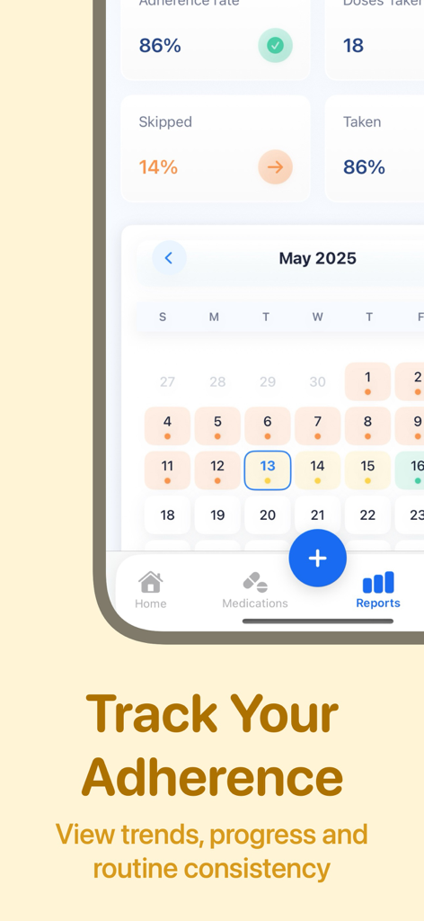 Pillio Pill Reminder & Tracker - A mobile screen showing medication adherence analytics with an 86 percent success rate and a monthly pill tracking calendar.
