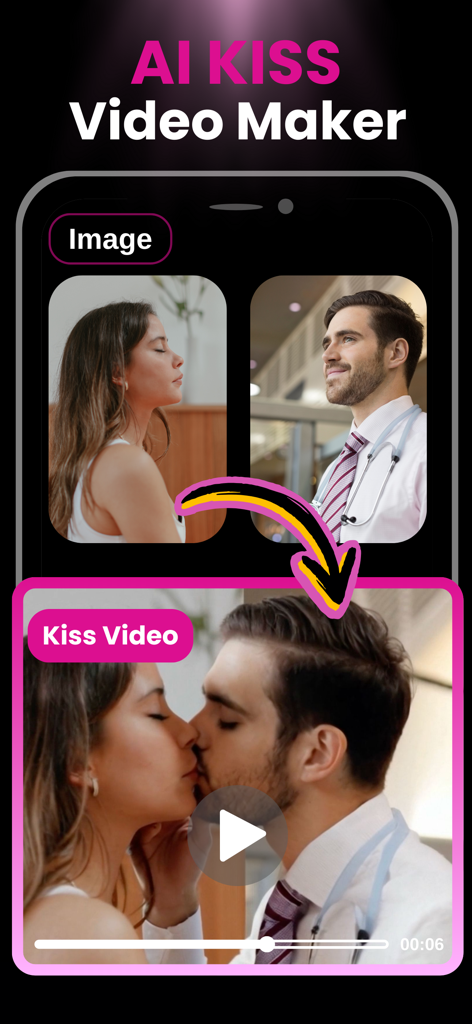 AI Kiss Hug Video Maker Clone - Interface do Criador de Vídeos de Beijos com IA mostrando duas fotos separadas de um homem e uma mulher sendo transformadas em um vídeo de beijo gerado por IA