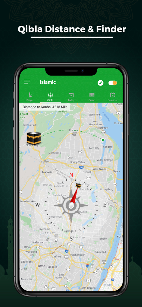 Muslim App - Islamic Pro - Qibla Distance and Finder screen in the Muslim App showing map and compass