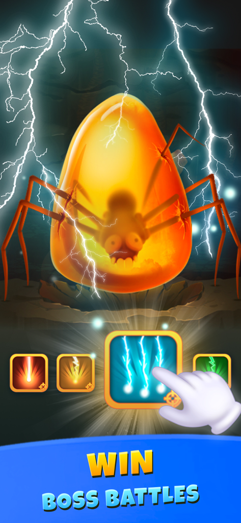 Deep Town: Mining Idle Games - A player using lightning abilities to defeat a giant amber encased spider boss in Deep Town mining game.