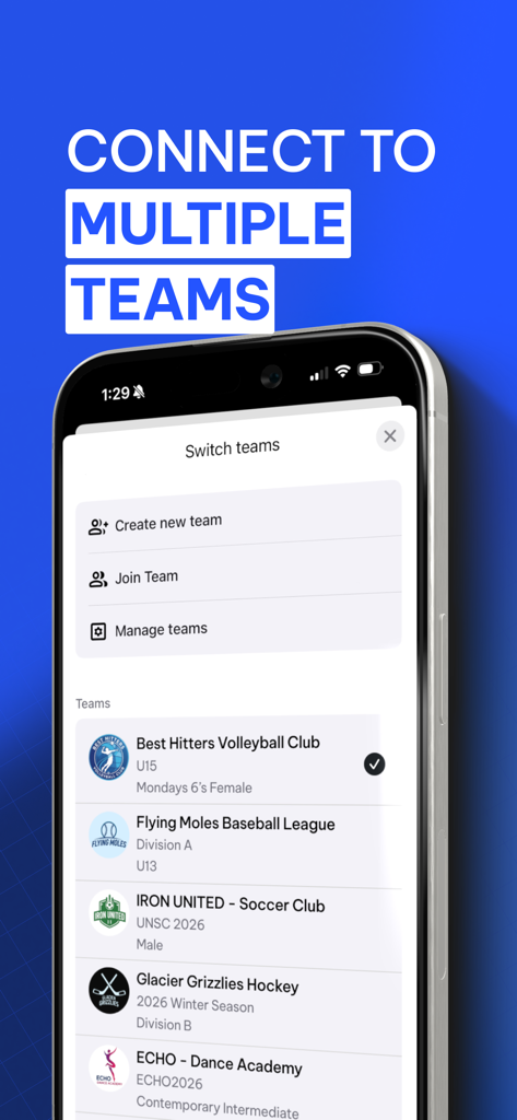 TeamLinkt app interface showing a list of multiple sports teams and options to create or join a team.