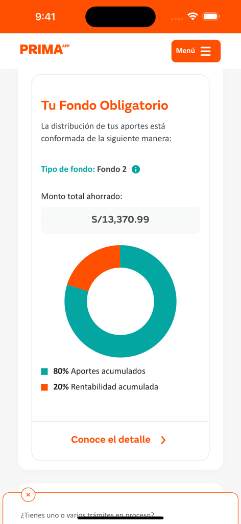 Prima AFP - Prima AFP mobile app interface showing the mandatory pension fund balance and a distribution chart of contributions and profitability.