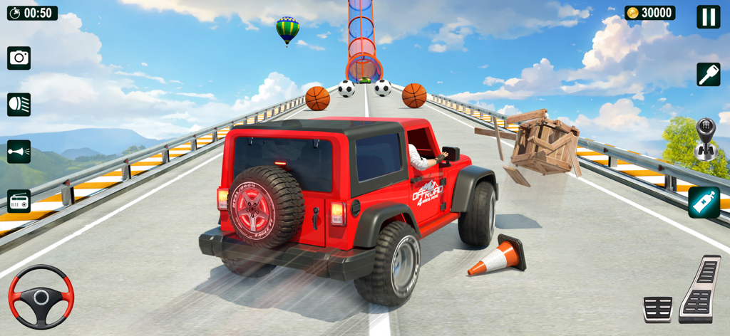 GT Car Stunt Driving Game - Red 4x4 jeep racing on a mega ramp with giant sports balls and obstacles