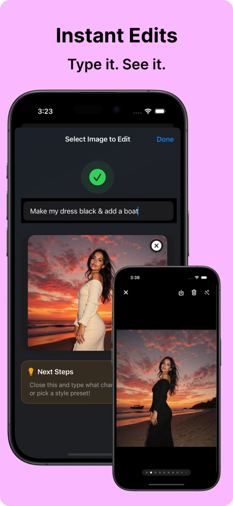 Photogeniq app interface showing AI powered instant photo editing using text commands to change outfits and backgrounds
