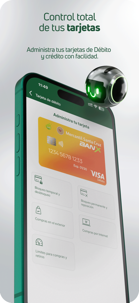 BMSC Movil app interface for managing debit and credit card security and spending limits
