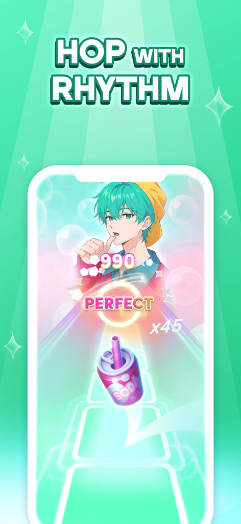 Demon Hop: Ball & Music Game - Demon Hopリズムゲームのゲームプレイ画面。ジャンプするソーダ缶とアニメキャラクターが登場します。