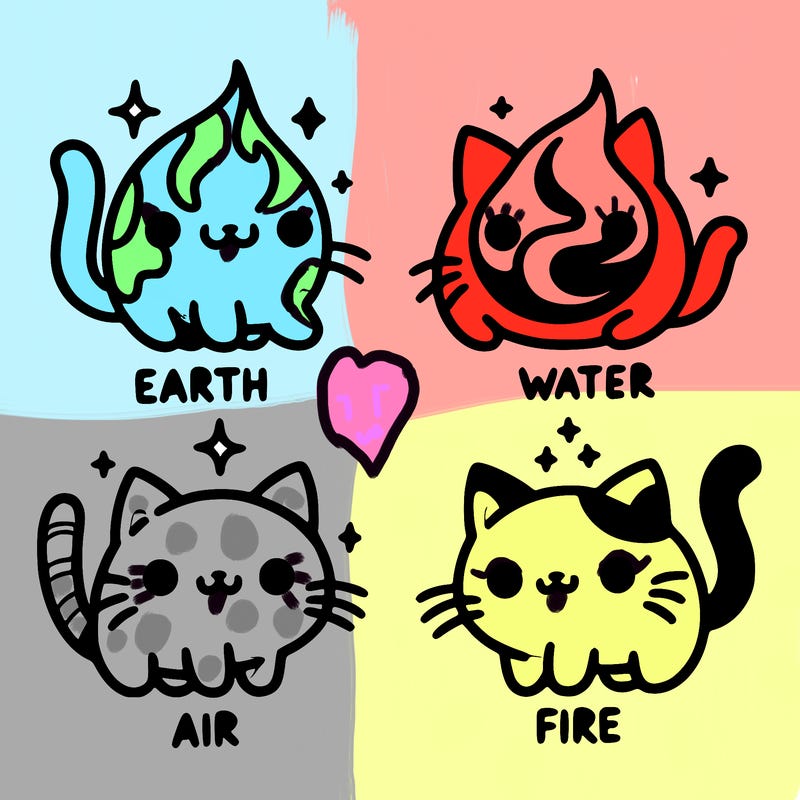 4 cats that represent the different elements, earth, water, air, and fire