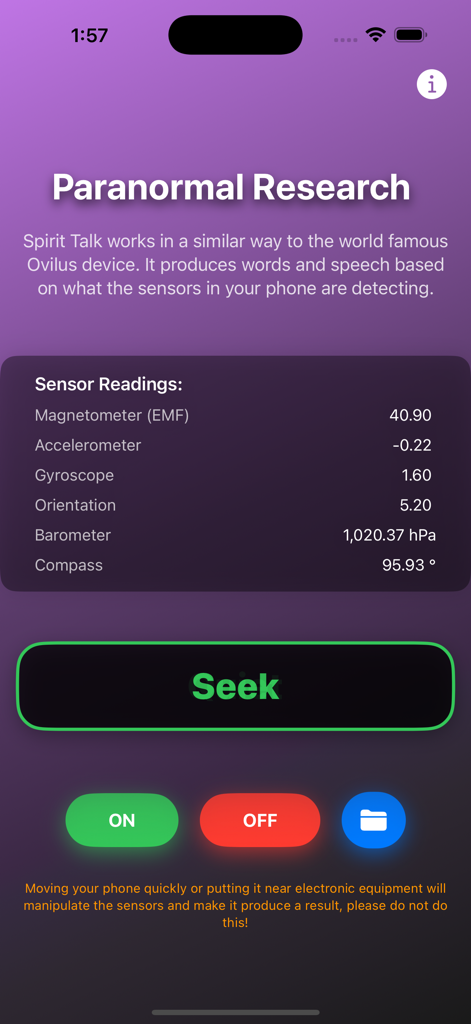 Paranormal investigation tools - センサー測定値と検索ボタンを表示する心霊調査ツールのスマートフォン画面