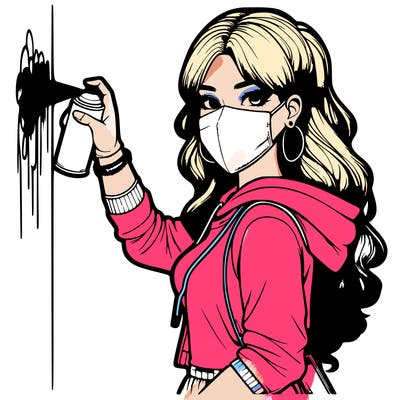 realistic girl with mask spray painting a wall