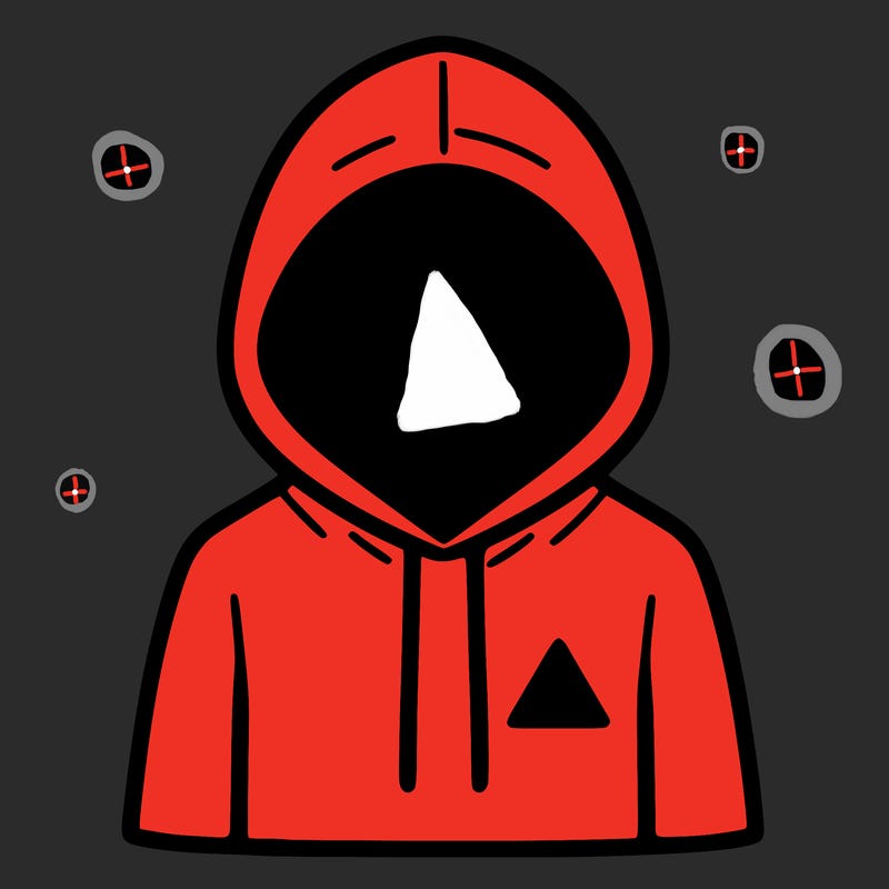 a person with non face waering a hoodie with a small triangle symbol