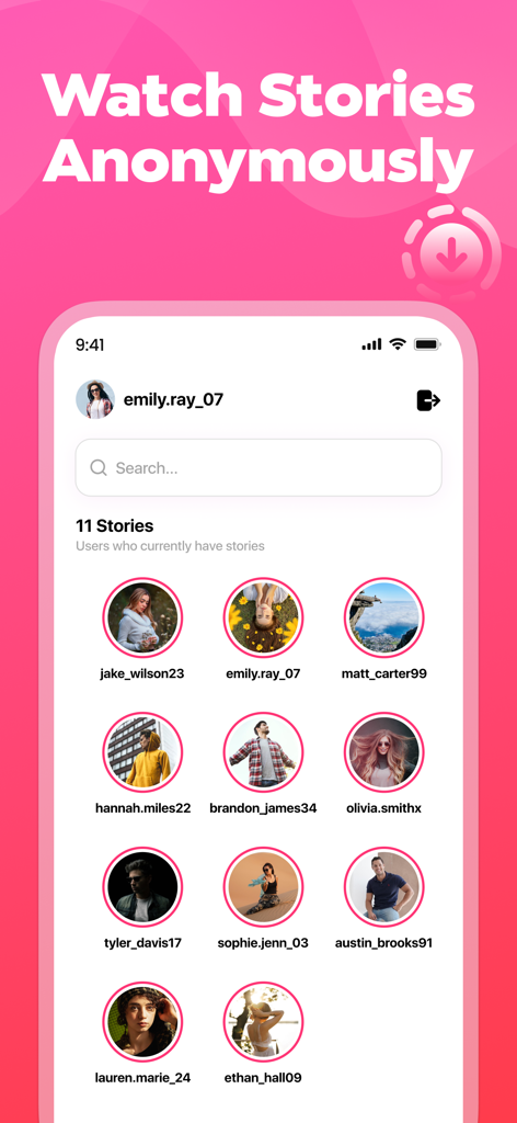 Faster Repost IG Reels & Story - Instagramストーリーを匿名で視聴するためのユーザープロファイルリストを表示するアプリのインターフェース。