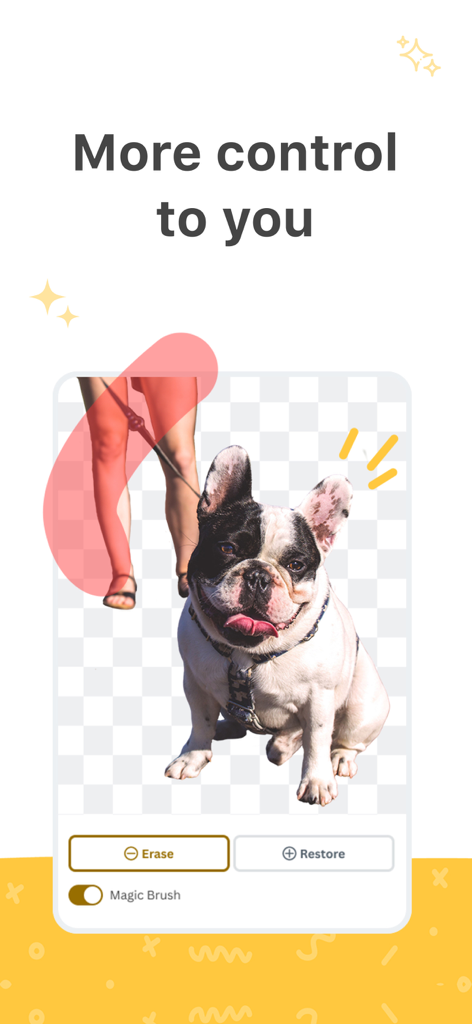 Background remover : remove.bg - Oberfläche der Hintergrundentferner-App, die manuelle Radier- und Wiederherstellungsfunktionen mit einem Hundebild zeigt