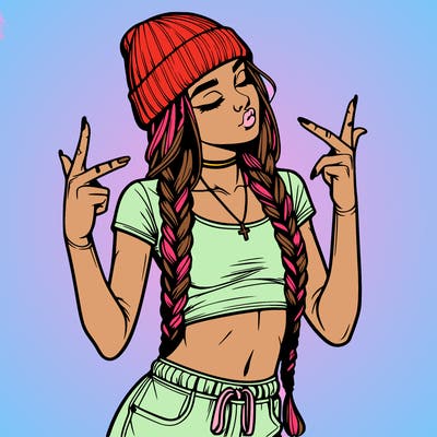 realistic teenage girl with braids and a beanie and crop top doing 🫶🏼