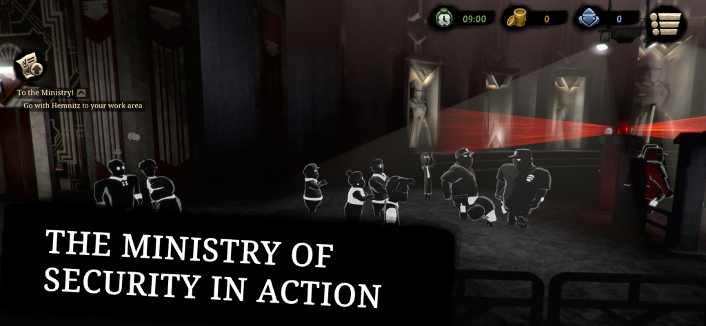 Beholder 2 - Dystopian office scene with silhouette characters and security lasers in Beholder 2