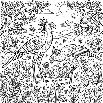 Step into a delightful spring scene with this enchanting coloring page featuring two magnificent secretarybirds. Immerse yourself in nature's beauty as you color blooming flowers and graceful birds.