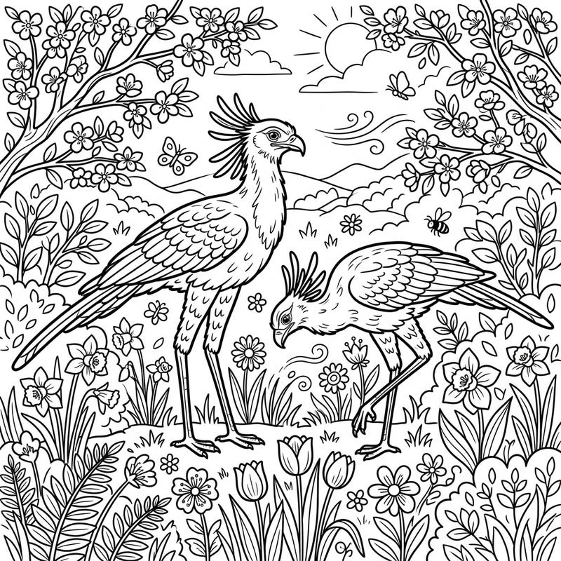 Step into a delightful spring scene with this enchanting coloring page featuring two magnificent secretarybirds. Immerse yourself in nature's beauty as you color blooming flowers and graceful birds.