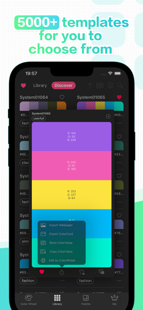 JoyColor: Your color assistant - Interfaz de la aplicación JoyColor que muestra una biblioteca de plantillas de paletas de colores y valores RGB detallados