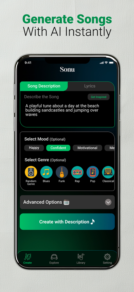 Interface of the Sonu app showing the AI music generation screen with options for song description mood and genre selection
