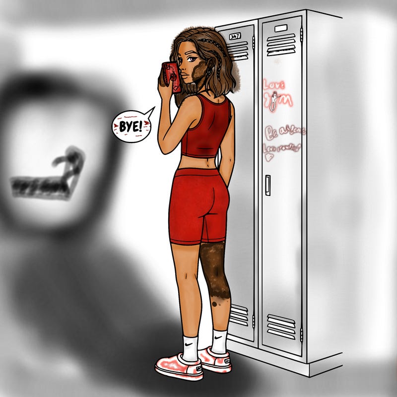 girl in tang top with non boot uggs with nike socks biker shorts short wavy hair with random braids in it. a necklace earrings a belly button ring.  short on her phone on call while bye her locker and earpods