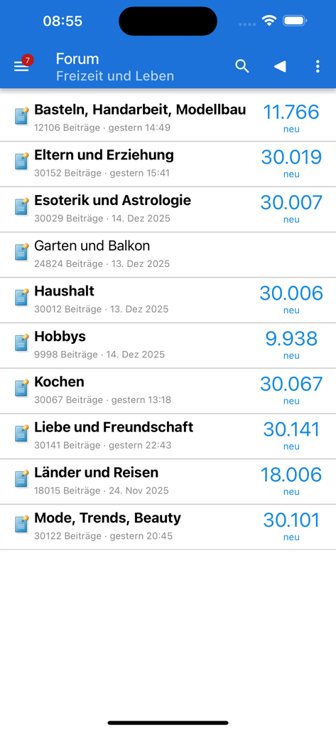 List of discussion forum categories in the spin.de mobile app showing topics like hobbies and cooking
