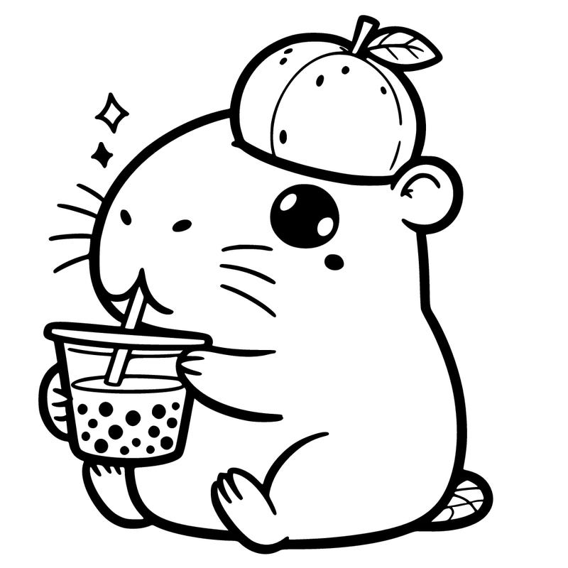 capybara drinking boba with a orange on its head