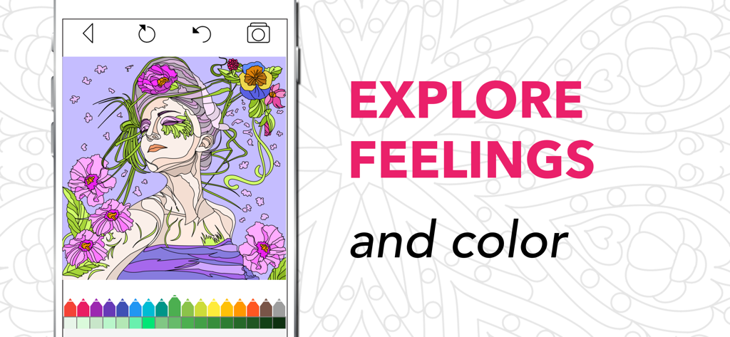 Coloring Book for Adults + - A coloring app interface featuring a floral portrait and the text Explore Feelings and color.