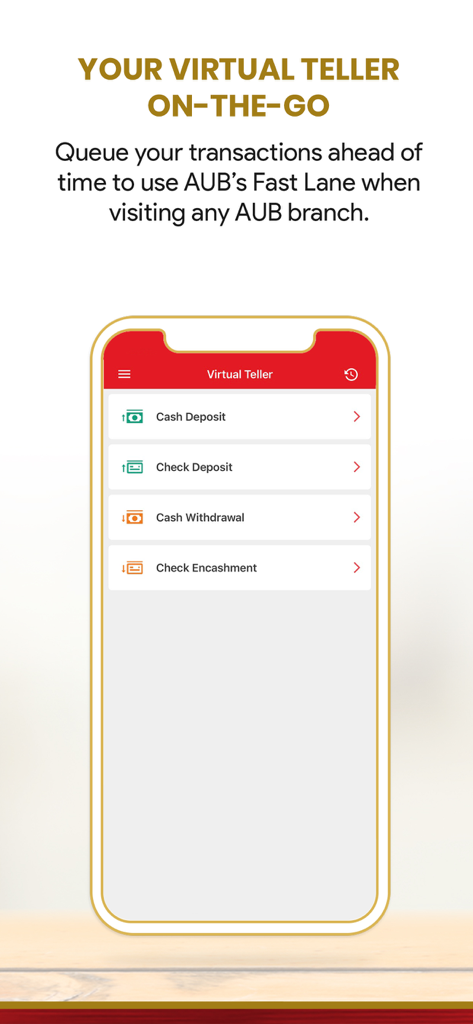 AUB mobile app Virtual Teller screen showing options for queuing cash and check transactions