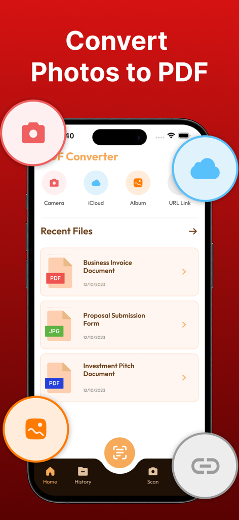 PDF Converter . Convert to PDF - Interfaz de la aplicación PDF Converter que muestra la conversión de fotos a PDF y documentos recientes.