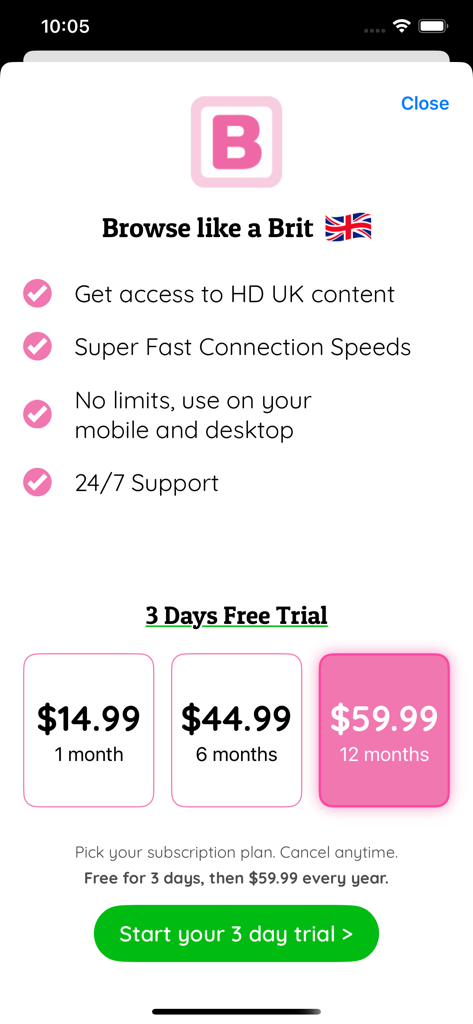 BritVPN mobile app subscription screen displaying pricing tiers and a 3-day free trial offer for UK content access