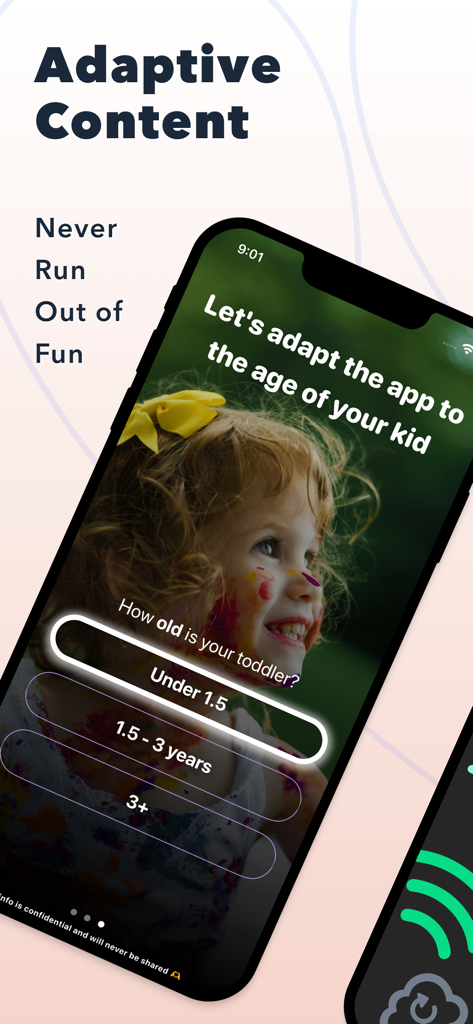 Mobile app screen showing age selection options for personalized toddler content