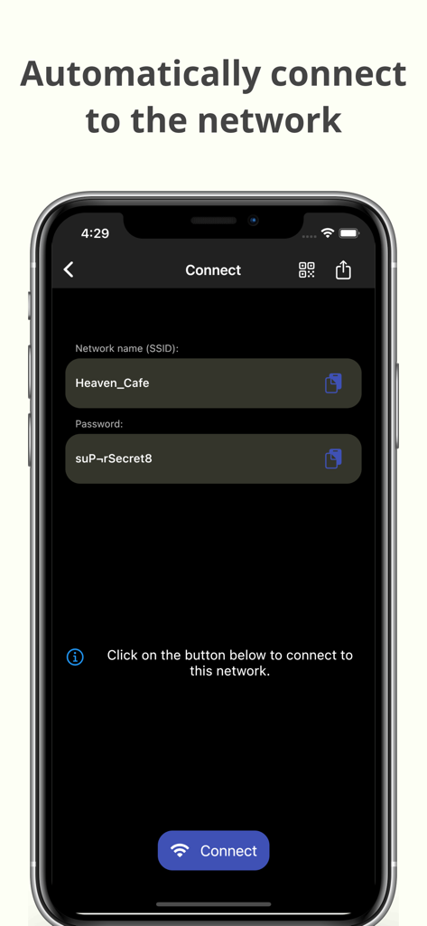 Interface of WiFi QR Connect app displaying SSID and password for automatic network connection