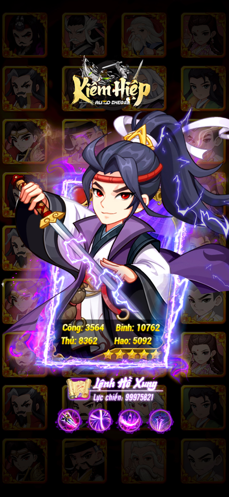 Kiếm Hiệp Auto Chess - Detailed character profile and stats for Lenh Ho Xung in the Kiem Hiep Auto Chess mobile game.