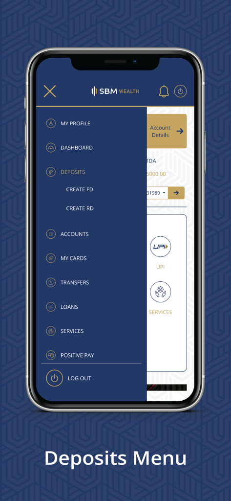 Interface do aplicativo móvel SBM Bank India mostrando o menu de navegação lateral com opções de depósito para criação de FD e RD