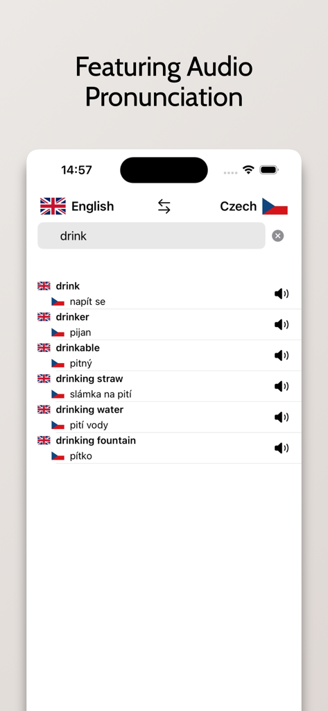 Interface de l'application de dictionnaire tchèque-anglais montrant les traductions de mots avec des icônes de prononciation audio