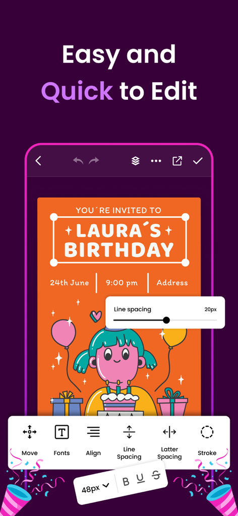 Invitation Maker - Card Maker - Mobile app screen showing quick and easy editing tools for a colorful birthday invitation