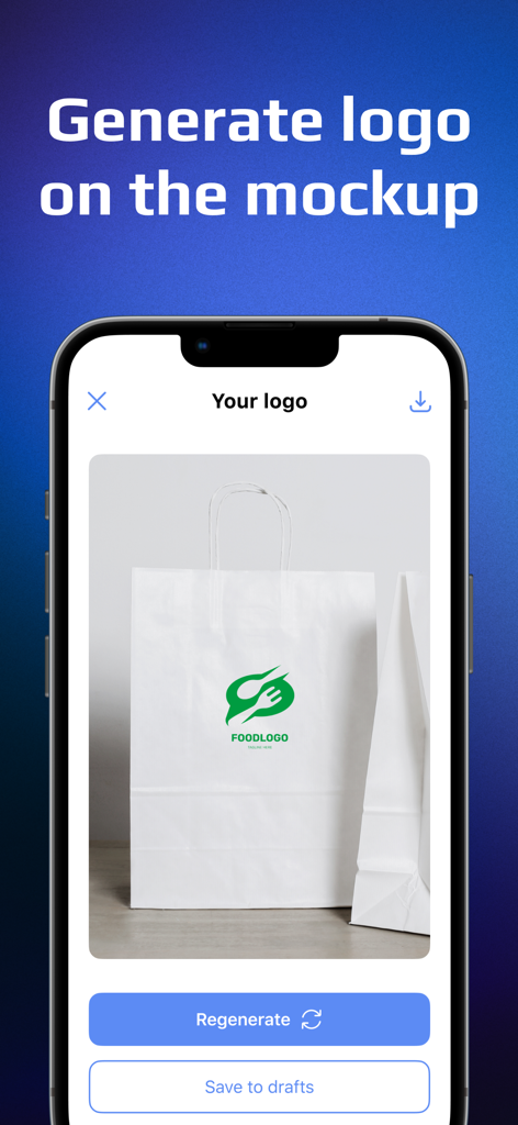 AI Logo Maker App: Generator - AIロゴメーカーアプリが、紙のショッピングバッグのモックアップに食品ビジネスのロゴを表示している
