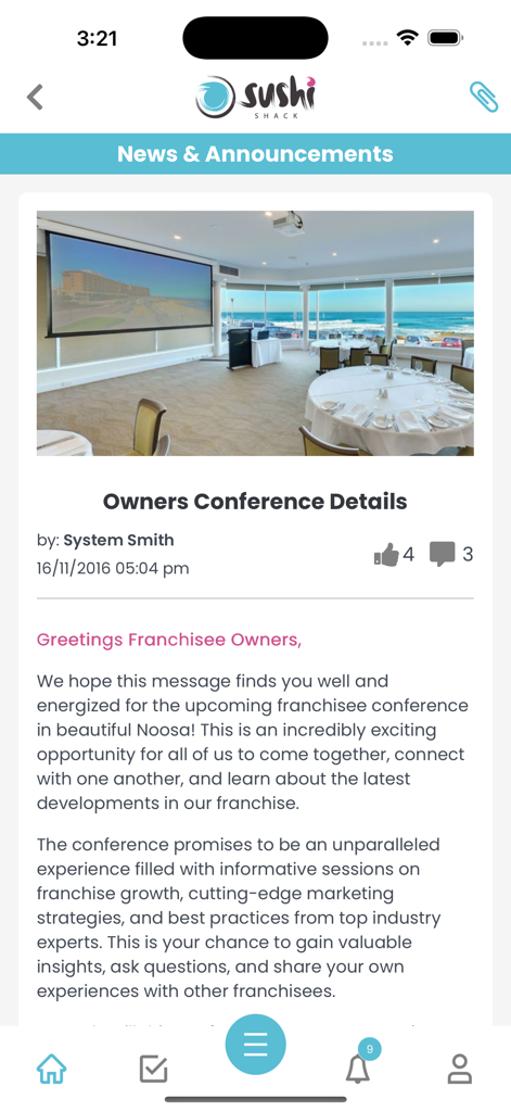 Ideagen Procedure Management - Mobile app interface displaying a news announcement for a franchise owners conference under the Sushi Shack brand.