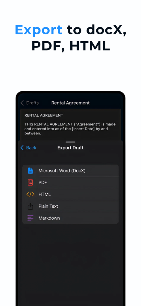 Contract Maker: Legal Draft - 法的賃貸契約書のWord、PDF、HTMLなどのドキュメントエクスポートオプションを表示するモバイル画面。