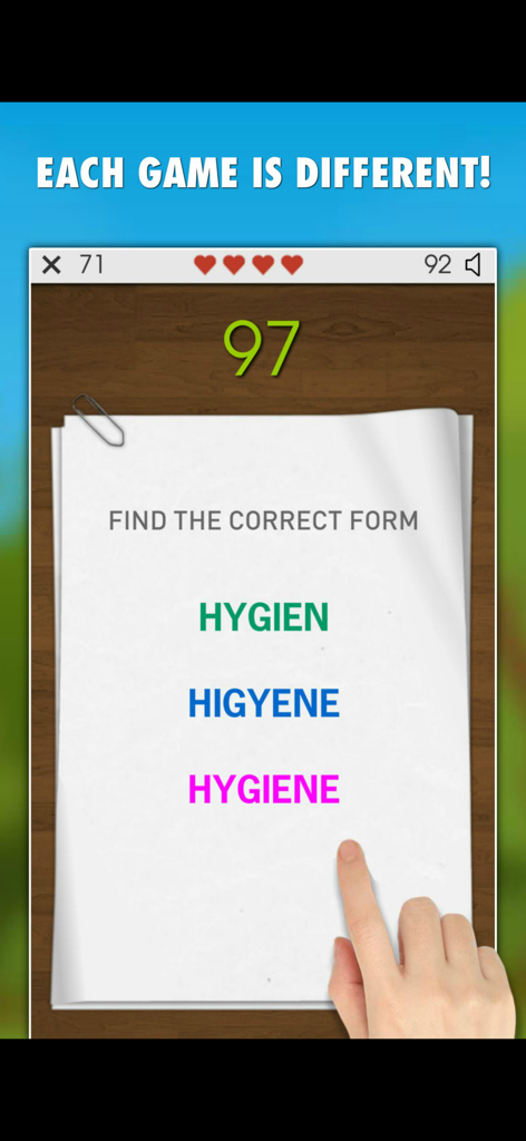 Mobile interface of Spelling Master Game showing a multiple choice spelling test for the word hygiene
