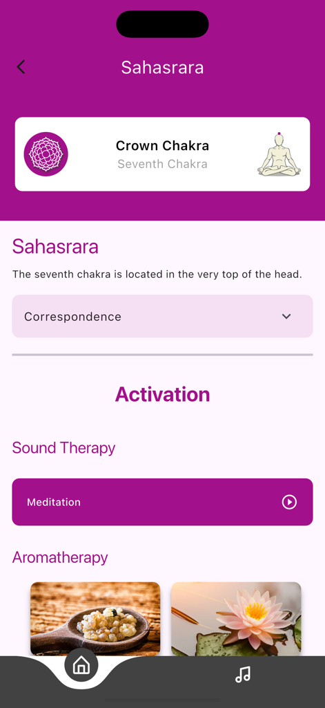 Chakras - Meditation & Healing - Pantalla de activación de meditación y aromaterapia del Chakra Corona Sahasrara en la aplicación Chakras.